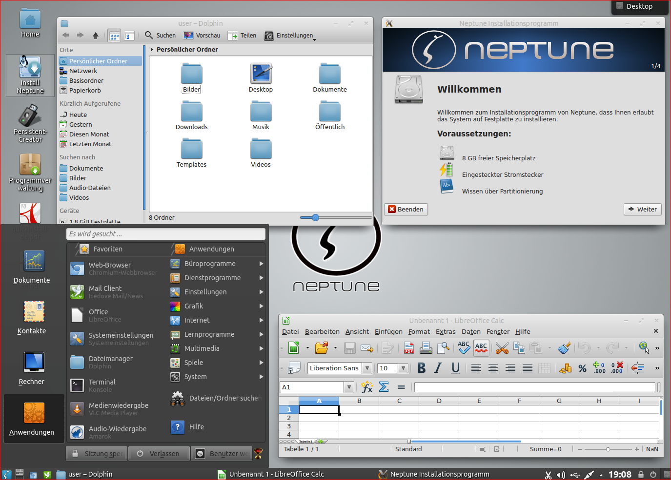 Neptune 4.2 - Desktop mit gestarteten Programmen und Startmenü