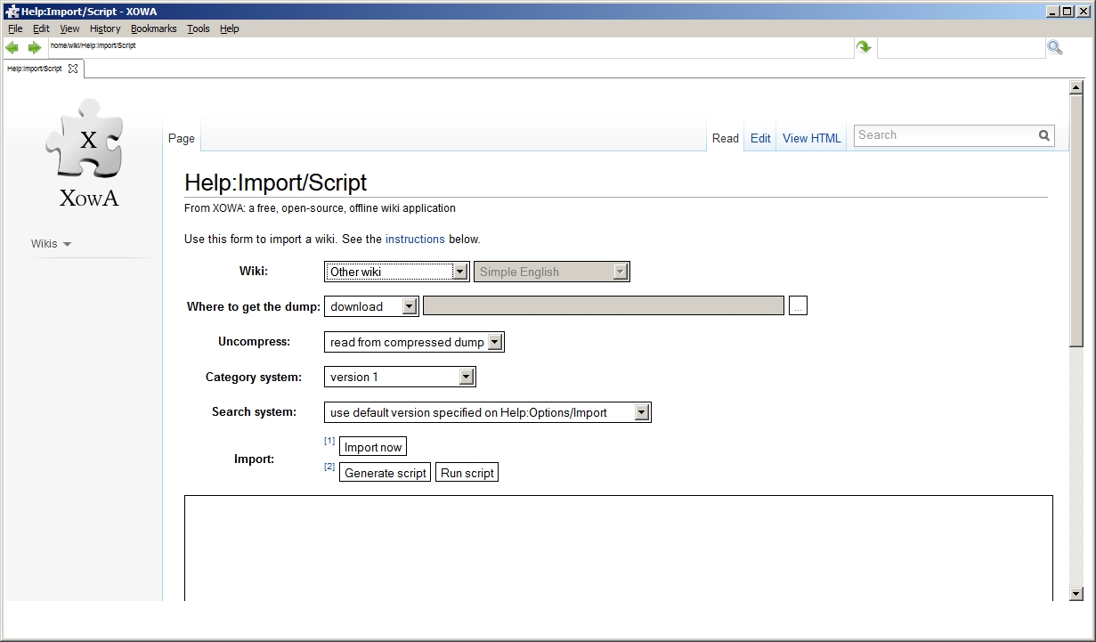 Vorschaubild für Datei:XOWA 1.7.3.1 Windows - Import Wiki by Script.jpg